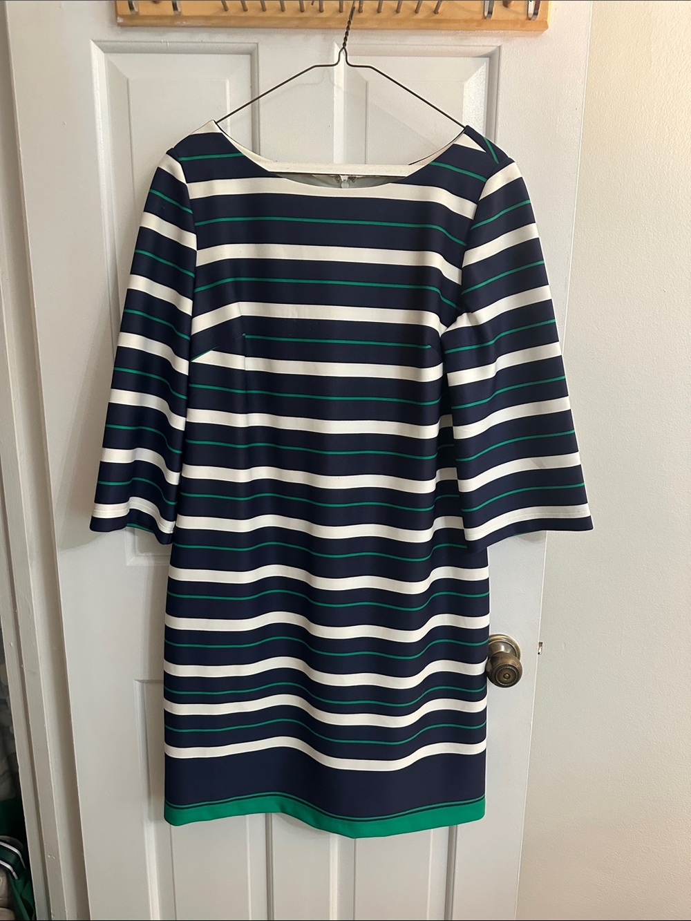 Jessica Howard Navy, White and Green Striped Long Sleeve stretchy Dress